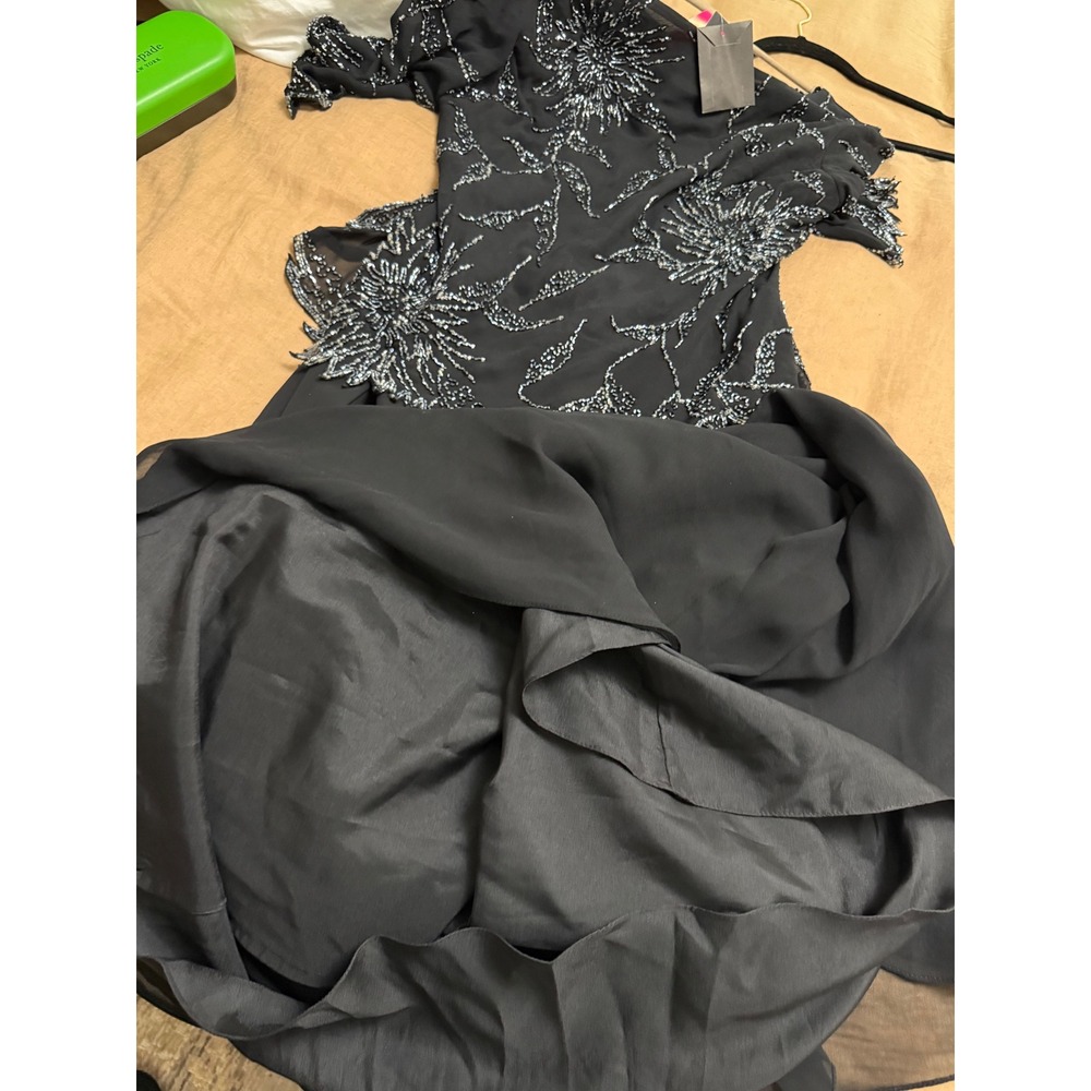 J Kara Black Beaded Floral Chiffon Gown 3/4 Sleeve Formal Evening Dress 8P NWT - Picture 9 of 13